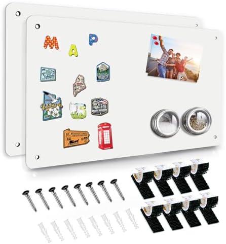 White 2Pack Magnetic Board,17.5" x 11.4" Magnet Bulletin Board to Display Magnetic Notes, Poetry, Photos, Suitable for Wall, Refrigerator, Cabinet etc, Come with 4 Pcs Dual Lock Tape and Screws by HYHOSHI