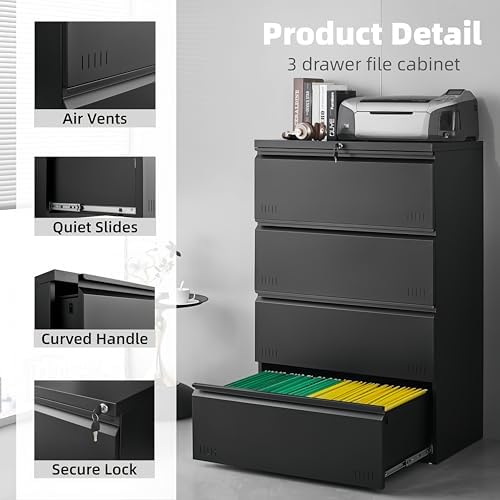 Approgreent Lateral 4 Drawer File Cabient with Lock, Metal Filing Cabinets for Home Office, Heavty Duty Office Storage Cabinet for A4/Letter/Legal (Matte Black) - Image 4
