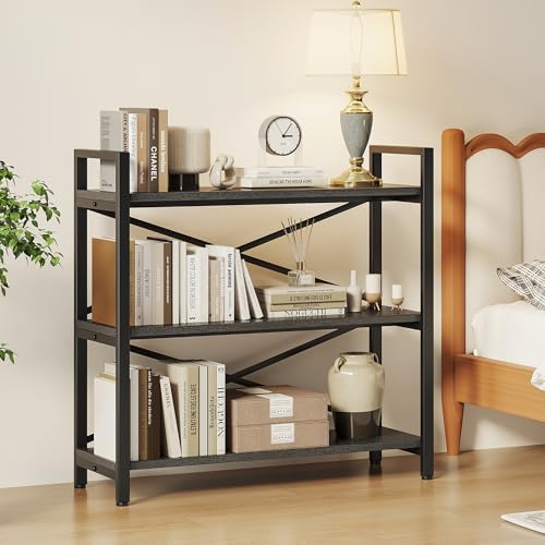 Homeiju 3 Tier Bookshelf 31.49" Width, Wood and Metal Etagere Bookcase, Vintage Farmhouse Modern Wooden Big Book Shelf for Home Living Room Bedroom Office Storage(Grey) - Image 4