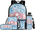 Cartoon Backpack Set of 4 for Girls, Laptop Bags with Portable Lunch Box 4Pcs Sturdy Pencil Case & Cup Sleeve Universal for Preschool Middle School Floral Axolotl by Oamsistay