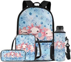 Cartoon Backpack Set of 4 for Girls, Laptop Bags with Portable Lunch Box 4Pcs Sturdy Pencil Case & Cup Sleeve Universal for Preschool Middle School Floral Axolotl by Oamsistay