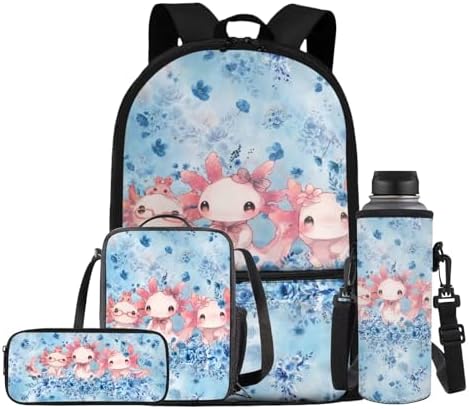 Cartoon Backpack Set of 4 for Girls, Laptop Bags with Portable Lunch Box 4Pcs Sturdy Pencil Case & Cup Sleeve Universal for Preschool Middle School Floral Axolotl by Oamsistay