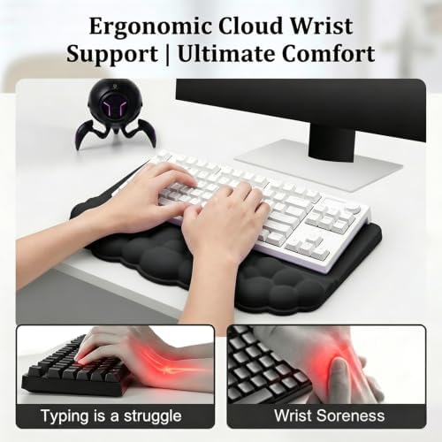 Cloud Keyboard Wrist Rest Set, 3 in 1 Ergonomic Memory Foam Keyboard Stand Pad with Mouse Wrist Support & Cup Holder, Anti-Slip Desk Cushion for Office Gaming Typing Pain Relief,Black - Image 5