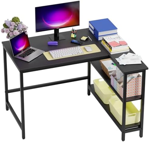 FDW L-Shaped Gaming Desk 43 Inch Computer Desk Corner Desks with Reversible Side Storage Shelves Study Desk Metal Frame PC Work Table for Home Office Dorm Sturdy Writing Workstation, Black by FDW