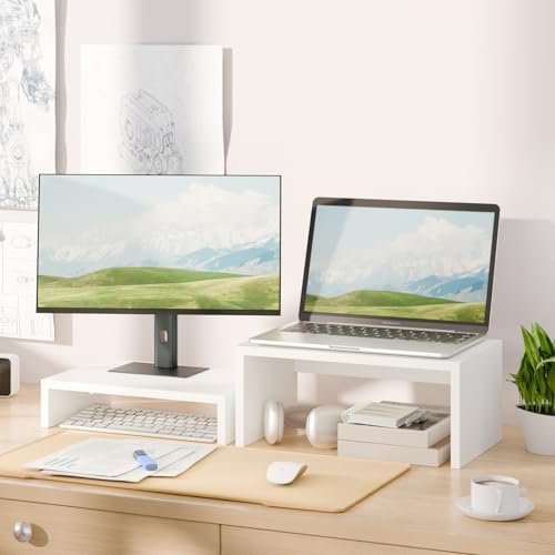 TEAMIX 2-Pack White Monitor & Laptop Stand Riser, High-Low Dual Monitor Set - Image 2