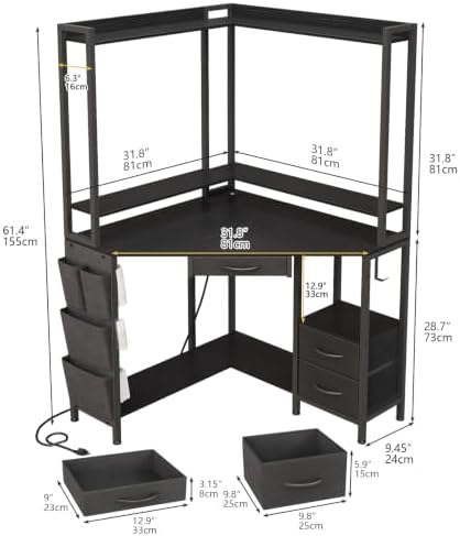 VENNQD Corner Desk with Drawers Shelves, Office Desk with Hutch, Triangle Corner Gaming Computer Desk with Storage Bag, Power Outlets and Hook for Home Office Workstation (Black) - Image 2