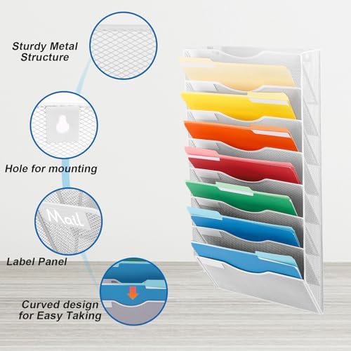EASEPRES 8 Pocket Mesh Hanging Wall File Organizer, Wall Mounted Mail Paper Document Folder Holder, Clipboard Storage Organization Magazine Rack with Nametag Label for Office Home School, White - Image 3