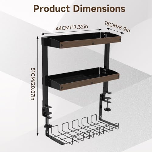 Clamp on Desk Shelf,17'' 2 Tier Office Desk Shelves Organizer with Under-Desk Hidden Storage Basket,Wood Desktop Supplies Storage Rack for Home Workspace, Study Rooms,Gaming Devices (Black) - Image 2
