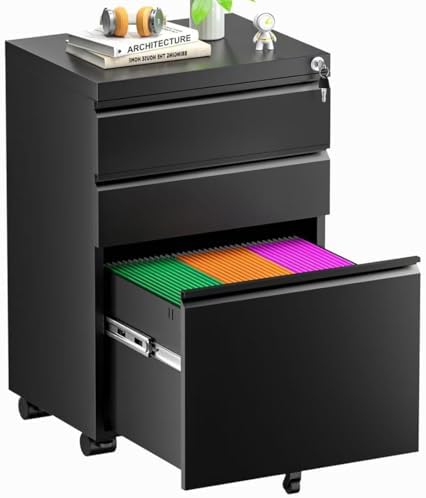 Superday Black File Cabinet 3 Drawer, Fully Assemble Metal Rolling Vertical Filing Cabinet with Wheels, Small Under Desk File Cabinets for Home Office by SuperdayMetalFurniture