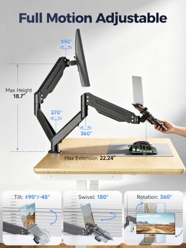 Suptek Monitor Laptop Mount Stand, 2 in 1 Function Dual Monitor Arms Desk Mount for 13"-18" Notebook and 17"-35" Monitor with Laptop Tray,Holds up to 24.25lbs - Image 4