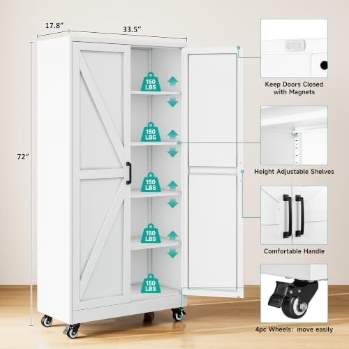 Wide & Deep Metal Storage Cabinet with Wheels,72 inch Tall Rolling Garage Storage Cabinet,Metal Cabinets with Wheels and Shelves, Deep Heavy Duty Tool Cabinet for Garage,Home,Office,Shop (White) - Image 3