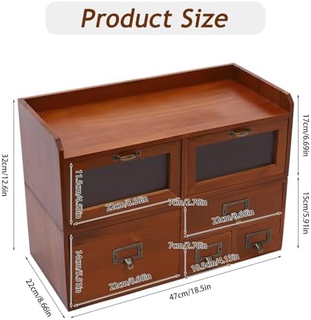 Desktop Organizer with 6 Drawers, Vintage Brown Desk Storage, Tabletop Drawer Cabinet with Acrylic Door, Wood Supplies Organizer for Living Room Office - Image 2