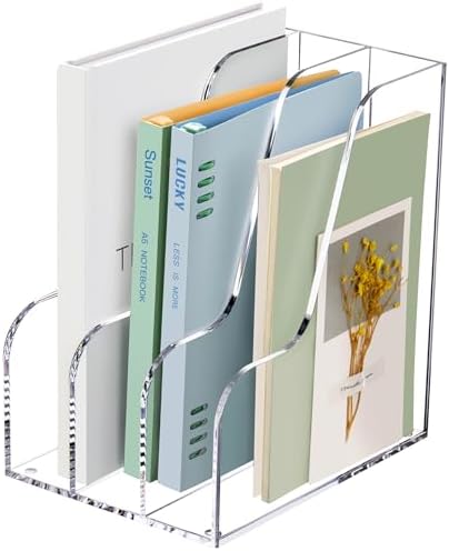 SANRUI Clear Vertical Magazine File Holder, Acrylic Desk Organizer and Storage Bins Holding for Magazines Binders, Notebooks, Envelopes A4 Folder Binder Holders Sorter, 3 Compartments by SANRUI