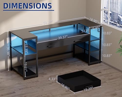 Pamray 58 Inch Gaming Computer Desk with Monitor Stand Drawers and Shelves - Image 3