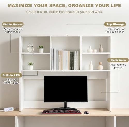 Desktop Bookshelf Organizer for College Dorm, Desk Hutch with LED Light Strip, White - Image 7