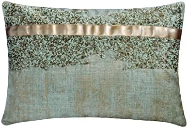 The HomeCentric Decorative Blue Pack of 2, 12"x14" (30x35 cm) Lumbar Pillow Cover, Jacquard Beaded & Foil & Faux Leather Oblong Pillow, Abstract Pattern Modern Style - Halycon Silver by TheHomeCentric