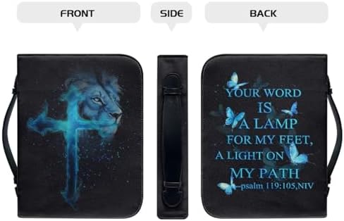Blue Cross Lion Print Women's Bible Cover PU Leather Waterproof Bible Carrying Case for Church Zippered Large Capacity Book Protector with Top Handle Gifts for Christians - Image 3
