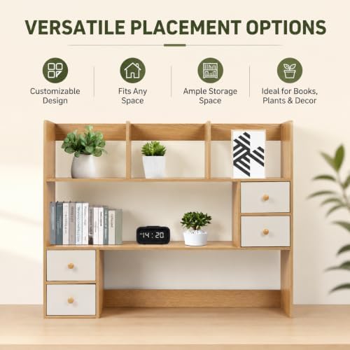Desktop Bookshelf, Adjustable Desk Hutch Organizer with 8 Shelves & 4 Drawers, Extendable Desk Storage Organizer, Desktop Shelves Rack Top Bookcase for Home Office - Image 3