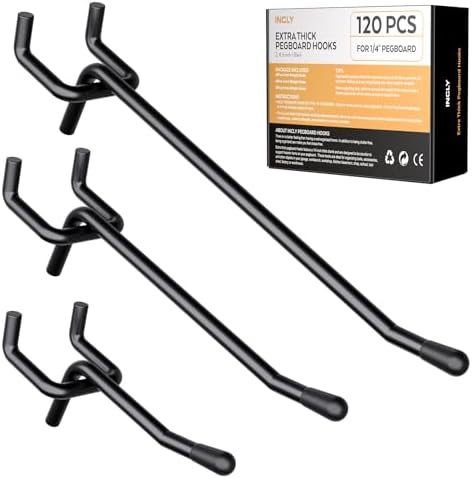 INCLY 120 Pack 2/4/6 Inch Black Pegboard Hooks, 1/4" Heavy Duty by INCLY