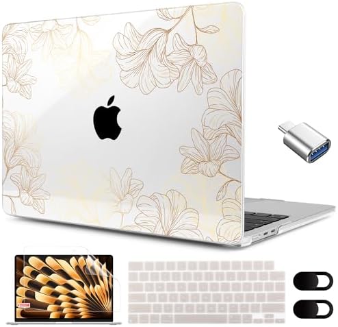 MEEgoodo for M5/M4/M3/M2 MacBook Air 15 inch Case 2026 2025 2024 2023, Case Fit Model (A3448/A3241/A3114/A2941) for MacBook Air 15.3 inch, Drawn Golden Floral by MEEgoodo