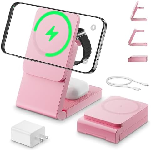 3-in-1 Charging Station for Apple Devices, Foldable Magnetic Wireless Charger Stand, Fast Charger Station for iPhone17/16/15/14/13/12 Pro Max/ AirPods2/3/4 and IWatch Ultra Series(Pink) by ANYLINCON