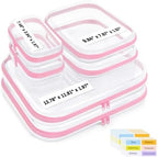 6 Pack Clear Hard Shell Zipper Case with Labels, 2S+2L+2XL, Pink by OrgEase