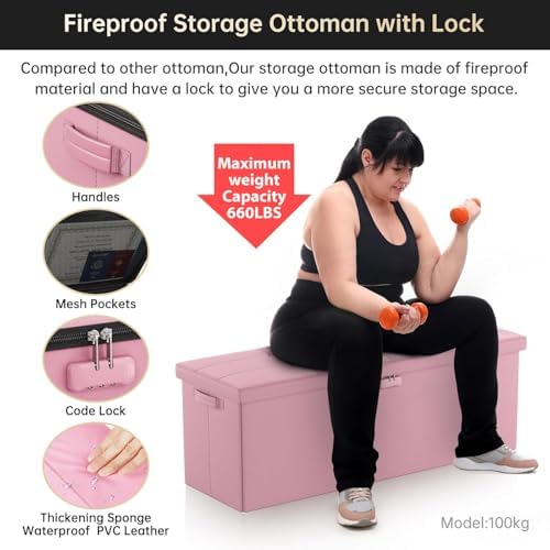 DocSafe Storage Ottoman Bench, Fireproof＆Waterproof Folding Bench with Lock(15”x 43”x15”), Leather Storage Chest with Handles＆2 Extra Boxes, Ottoman Safe for Bedroom,Living Room,Home Office, Pink - Image 7