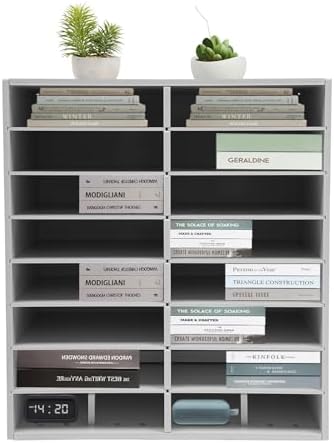 16 Slot Mail Sorter Organizer, Wood Literature Organizer Student Mailbox for Classroom, Desktop File Paper Storage Rack for Office Home School - 20" L×11.8”W×22.3“H (White, 16-Compartment) by Unknown
