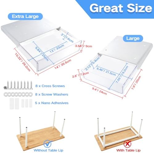OSPNIEEK Self-adhesive Under Desk Drawer Organizer, 2 Pack Table Hidden Slide Out Large Storage Mounted Desktop Pencil Holder Tray Drawers for Office Home School Stationery Kitchen (XL+L, White) - Image 5