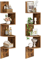 HOOBRO Corner Shelf Wall-Mounted, Set of 2 Floating Corner Shelves for Wall, 4-Tier Corner Bookshelves Floating Shelf for Wall Corner Shelves for Living Room Bedroom Bathroom Home Office Rustic Brown by HOOBRO
