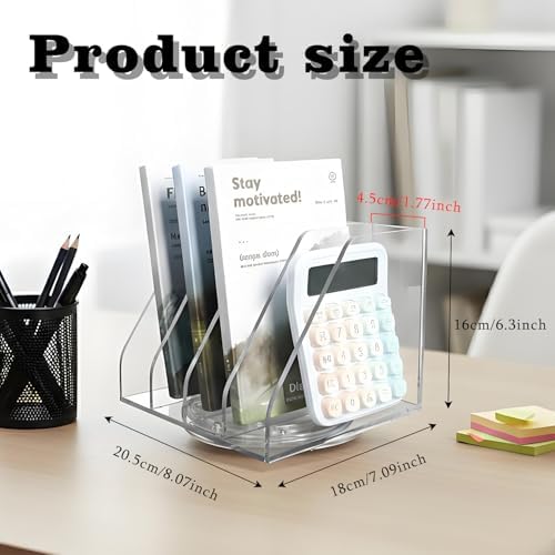 2 Pcs Acrylic File Organizer with 4 Vertical Compartments, 360° Rotating Vertical Desk Organizer for Books, Folders, Magazines, Compact Clear Book Stand & Binder Holder for Office Desk Storage - Image 2