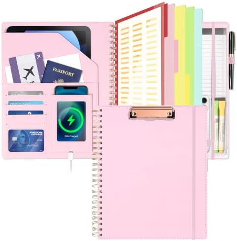 Ospelelf Leather Clipboard with Storage, Spiral Clipboard Folio for Letter Size with Phone Pocket, Zipper Pouch and 5 Dividers, Portfolio Organizer for Office, School Pink by OspelelfOfficeSupplies