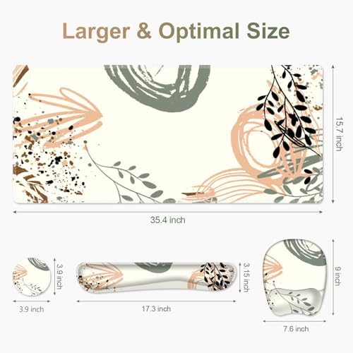 Large Mouse Pad with Wrist Support 4 in1 Set, XXL Big Game Mousepad + Keyboard Wrist Rest+Mouse Wrist Rest+Coaster Ergonomic Gaming Mat for Home Office Table Computer I Modern Boho Leaves - Image 6