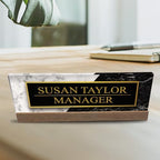 Artblox Personalized Office Desk Name Plate and Business Card Holder | Clear Acrylic Glass with Teak Wood Stand | Black White Marble Design Customized with Your Name and Credentials Office Desk Decor - Image 3