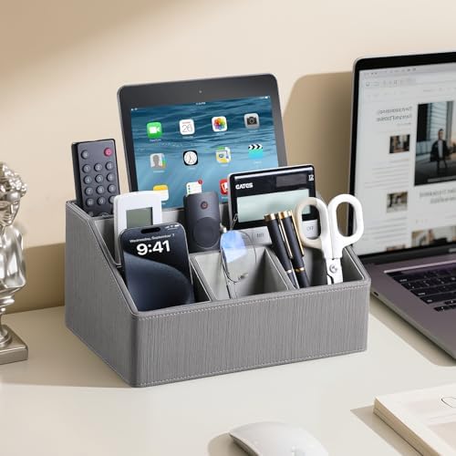 PU Leather Desk Organizer, Remote Control Holder, Grey - Image 3
