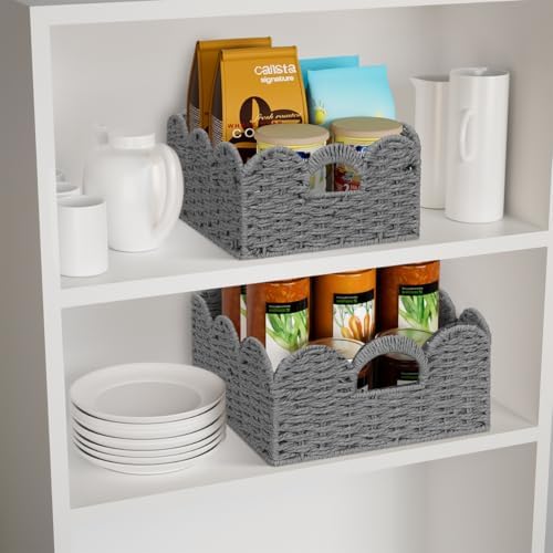 Storage Baskets for Shelves Scalloped Desk Organizer Paper Rope Bin Grey - Image 6