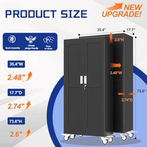 GAIOUS 73.6” Tall Metal Garage Storage Cabinet with Lock, Steel Tool Cabinet with 5 Adjustable Shelves, New Upgrade Lockable File Cabinet with Wheels, Organization for Home Office Garage Gym - Black - Image 3