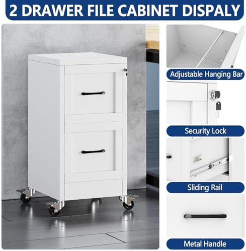 Ckzbx 2 Drawer File Cabinet with Lock, Narrow Vertical Filing Cabinet, Under Desk File Cabinets,White Metal Dresser Cabinets for Home Office,Fit Letter/A4/Legal Size File (Wheel) - Image 4
