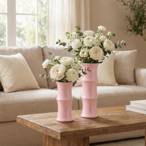 Blush Pink Ceramic Bamboo-Inspired Flower Vase Set of 2, Modern Home Décor - Image 3