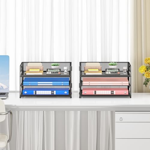 Subekyu 2-Pack 3-Tier Paper Letter Tray Organizer for Desk, Black Metal Mesh File Sorter Organizer with Handle and 1 PC Sliding Tray for Home Office School Desk Supplies Organization Storage - Image 6