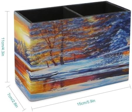 PU Leather Multi-Compartment Pen Holder Desktop Organizer Pencil Cup Storage Caddy for Office Home Supplies Winter Sunset Woods - Image 2