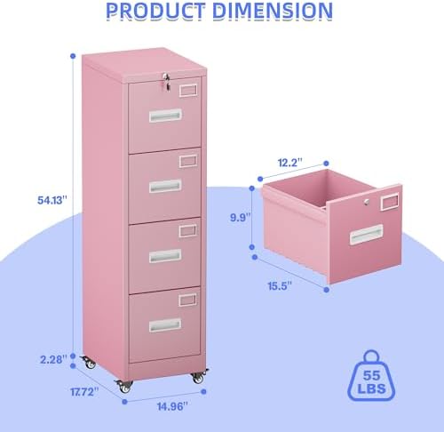 Aobabo 4 Drawer Metal File Cabinet with Lock and Wheels, Pink - Image 3