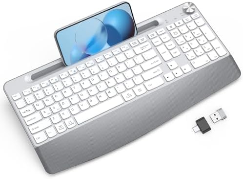 GAMCATZ Ergonomic Wireless Keyboard with Wrist Rest-Low-Profile,Phone/Tablet Holder,Quiet Design，Windows & Mac OS，Full Size Cordless USB Computer Keyboard for Desktop,Laptop, PC, Mac, Windows-White by WirelessKeyboardAndMouse