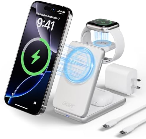Acer 3 in 1 Charging Station for iPhone, Wireless Charger Stand,15W Fast MagSafe Charger for iPhone 17 16 15 14 13 12 Series-Apple Watch 11 10 9 8 7 6 5 4 3 2 SE and Ultra Series-Airpods 4 3 2 Pro by Unknown