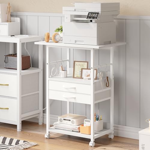 VENNQD Large Printer Stand with Storage Fabric Drawer Under Desk Printer Table with Wheels for Home Office, Printer Cart fit Fax Machine Scanner (White, 3 Tiers) by VENNQD