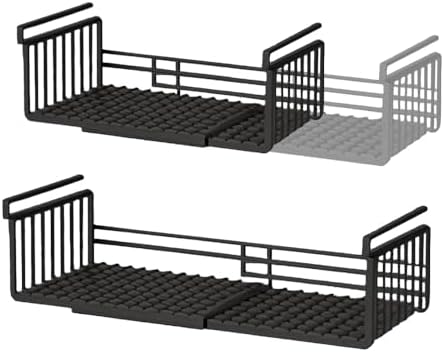 Extendable Under Shelf Storage Basket, Hanging Baskets Under Cabinet Shelf Organizer, for Cabinet Pantry Kitchen Cupboard Desk Counter Bookshelf Space Saver Heavy Duty Slide-in (Black, 2 Pack) by Janebert