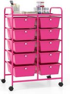 Giantex 10 Drawers Rolling Cart, Classroom Organizers, Storage Cart with Wheels, for Teacher Office Home School Supplies Tool Craft Art Paper, Hot Pink by Giantex