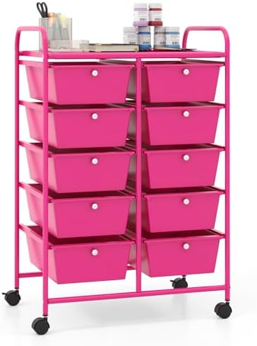 Giantex 10 Drawers Rolling Cart, Classroom Organizers, Storage Cart with Wheels, for Teacher Office Home School Supplies Tool Craft Art Paper, Hot Pink by Giantex
