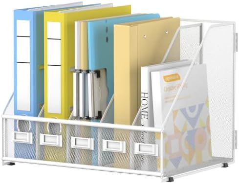 5 Vertical Compartments Magazine File Holder, Metal Binder Organizer, White by JMHUD