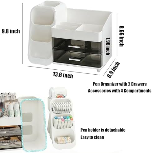 Desk Organizer with Pen Pencil Holder, Pen Organizer with 2 Drawers & 4 Compartments, Desktop Organizers and Storage for Office Home School Art Supplies (Black) - Image 5